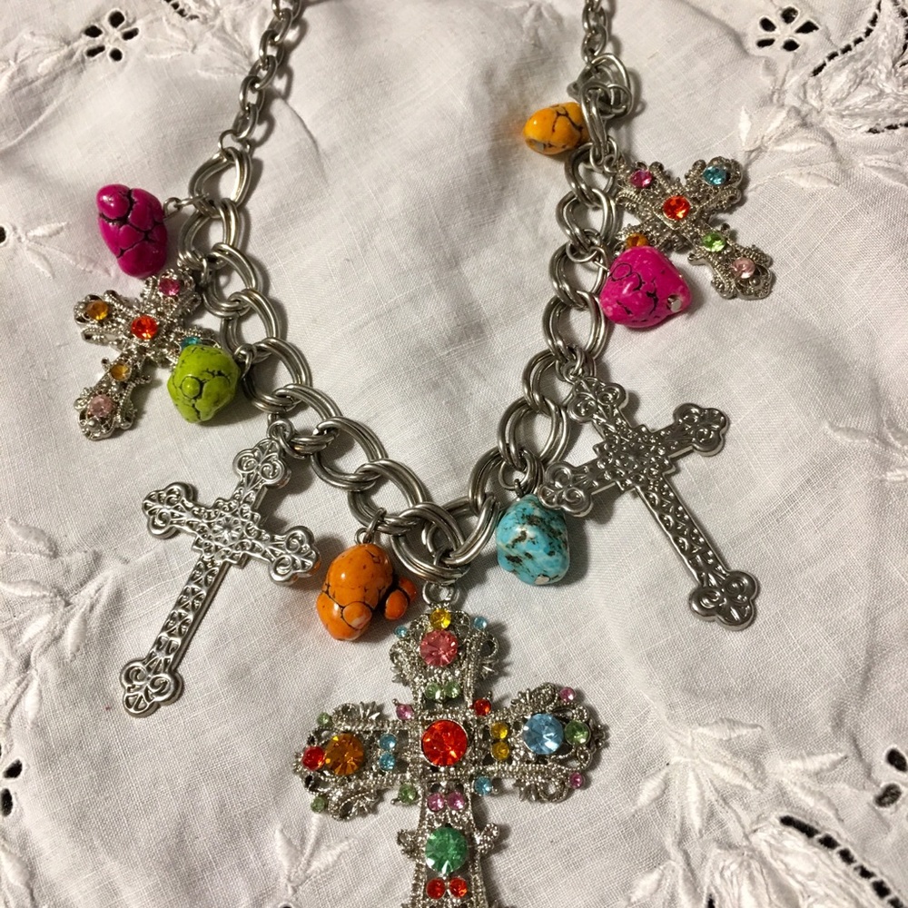 Rhinestone multicolor cross necklace